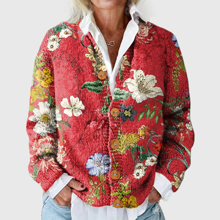 Women's Botanical Floral Print Button-Front Cardigan with Long Sleeves