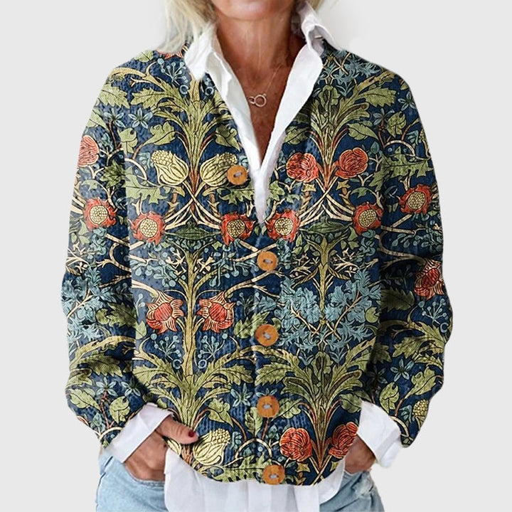 Women's Botanical Floral Print Button-Front Cardigan with Long Sleeves