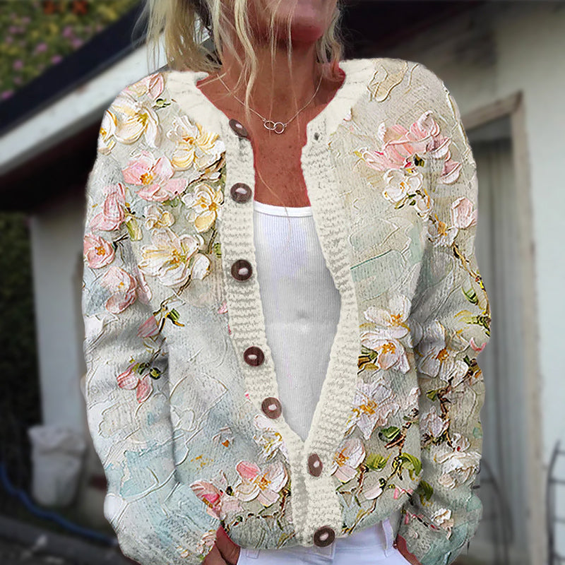 Women's Botanical Floral Print Button-Front Cardigan with Long Sleeves