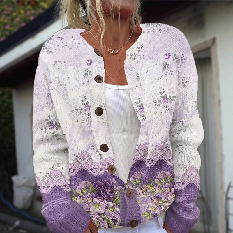 Women's Botanical Floral Print Button-Front Cardigan with Long Sleeves