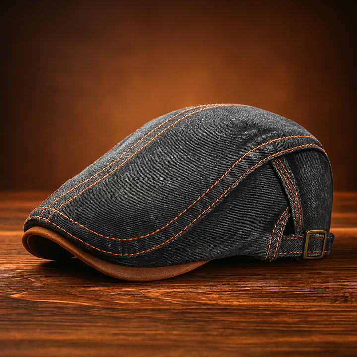 Men's Denim Flat Cap with Contrast Stitching and Adjustable Buckle