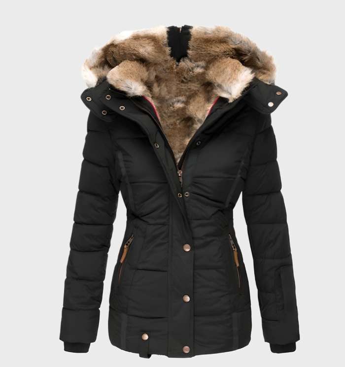 Women's Slim Fit Padded Puffer Jacket with Faux Fur Lined Hood and Water Repellent Fabric