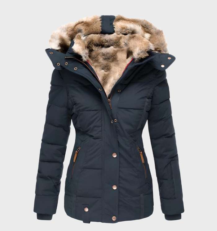 Women's Slim Fit Padded Puffer Jacket with Faux Fur Lined Hood and Water Repellent Fabric