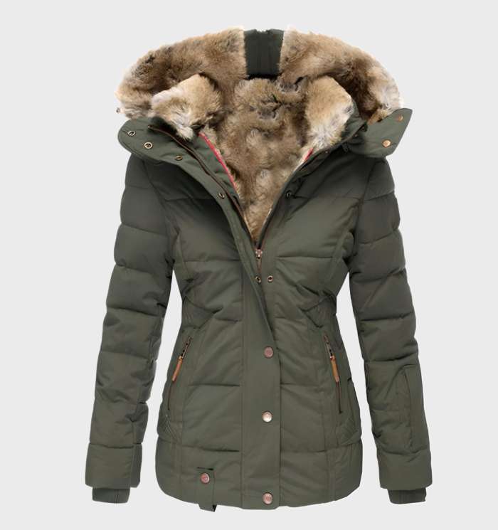 Women's Slim Fit Padded Puffer Jacket with Faux Fur Lined Hood and Water Repellent Fabric