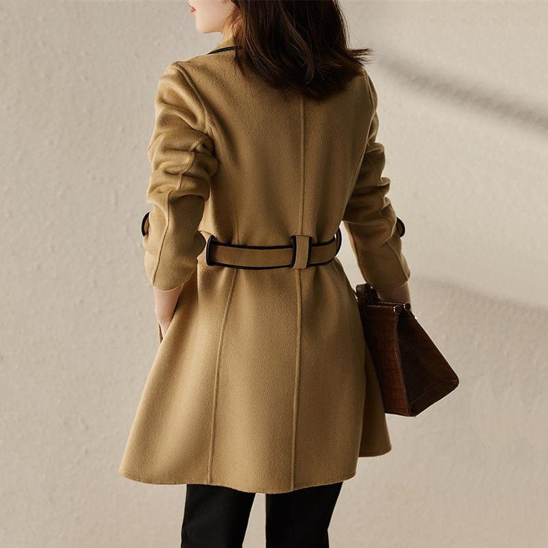 Women's Camel Wool Blend Belted Coat with Contrast Piping and Wide Lapel