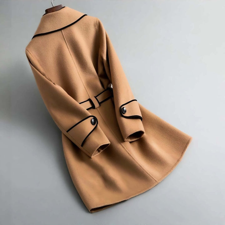 Women's Camel Wool Blend Belted Coat with Contrast Piping and Wide Lapel