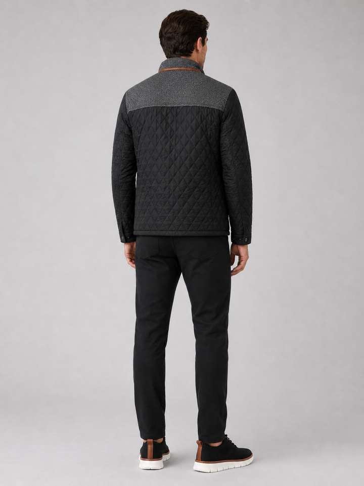 Men's Quilted Colorblock Jacket with Tweed Yoke and Snap-Button Front