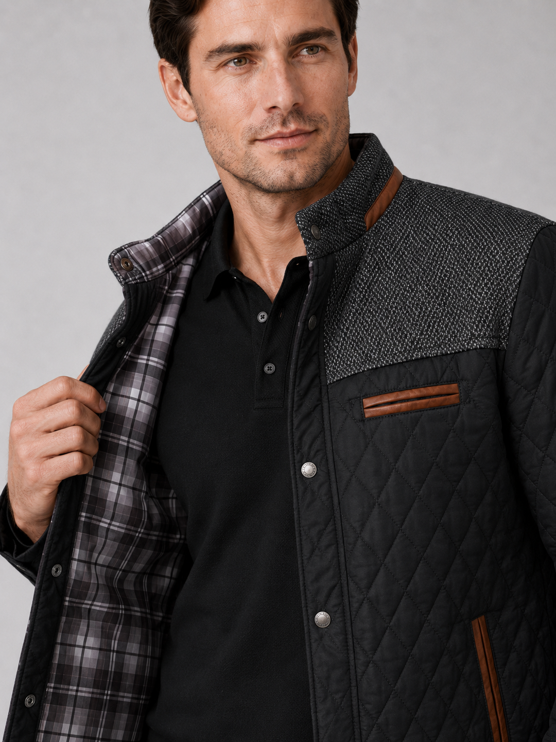Men's Quilted Colorblock Jacket with Tweed Yoke and Snap-Button Front