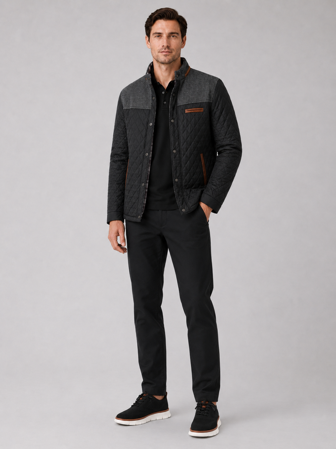 Men's Quilted Colorblock Jacket with Tweed Yoke and Snap-Button Front