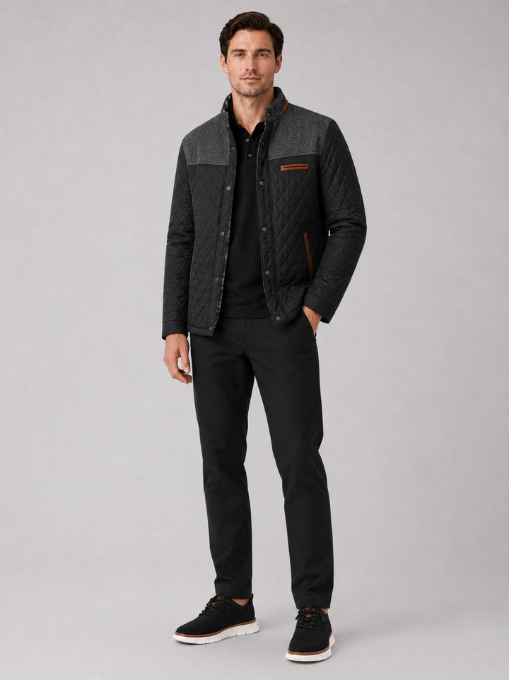 Men's Quilted Colorblock Jacket with Tweed Yoke and Snap-Button Front