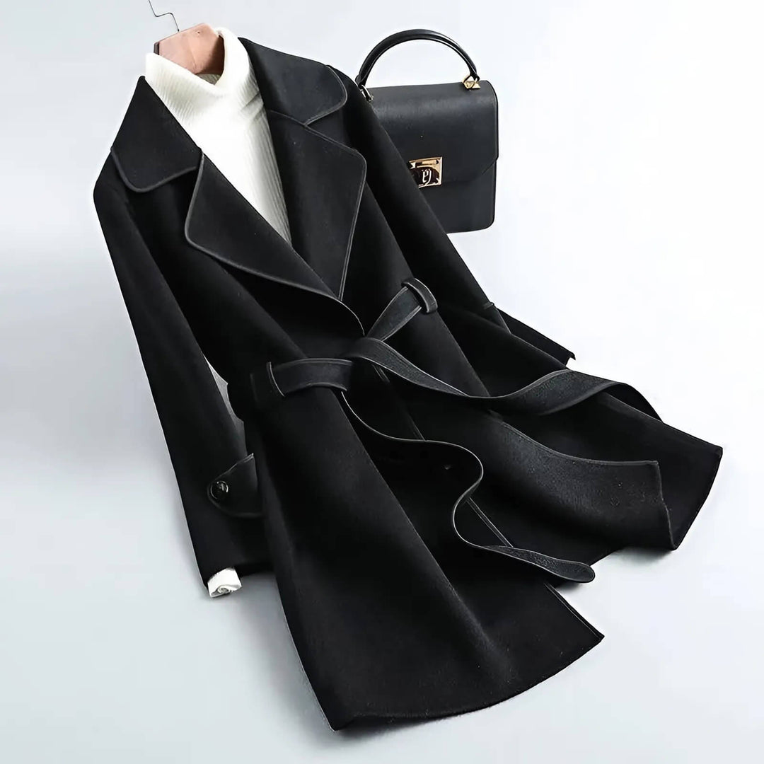 Women's Camel Wool Blend Belted Coat with Contrast Piping and Wide Lapel