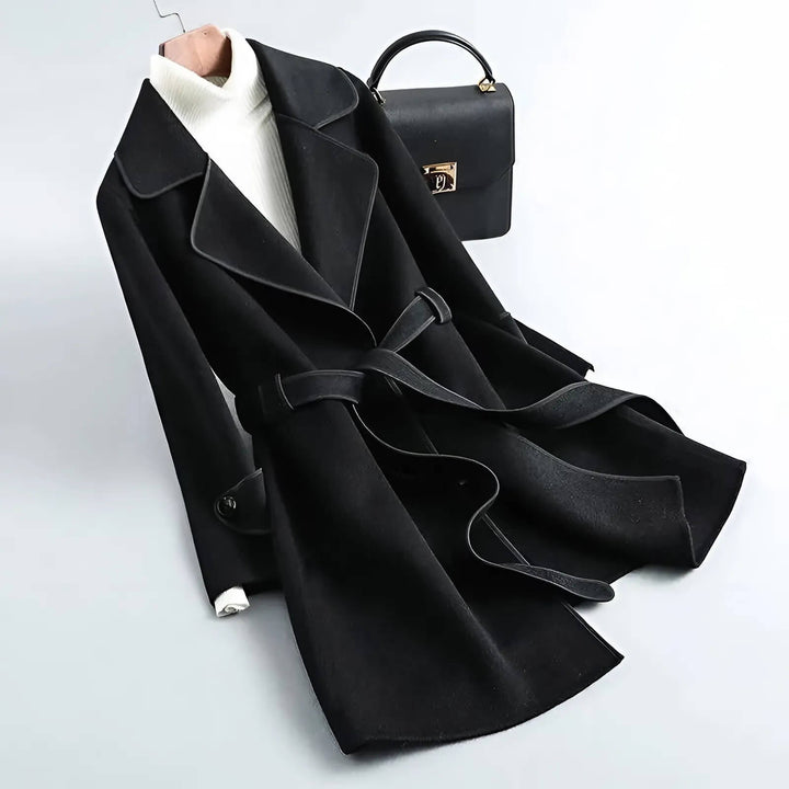 Women's Camel Wool Blend Belted Coat with Contrast Piping and Wide Lapel
