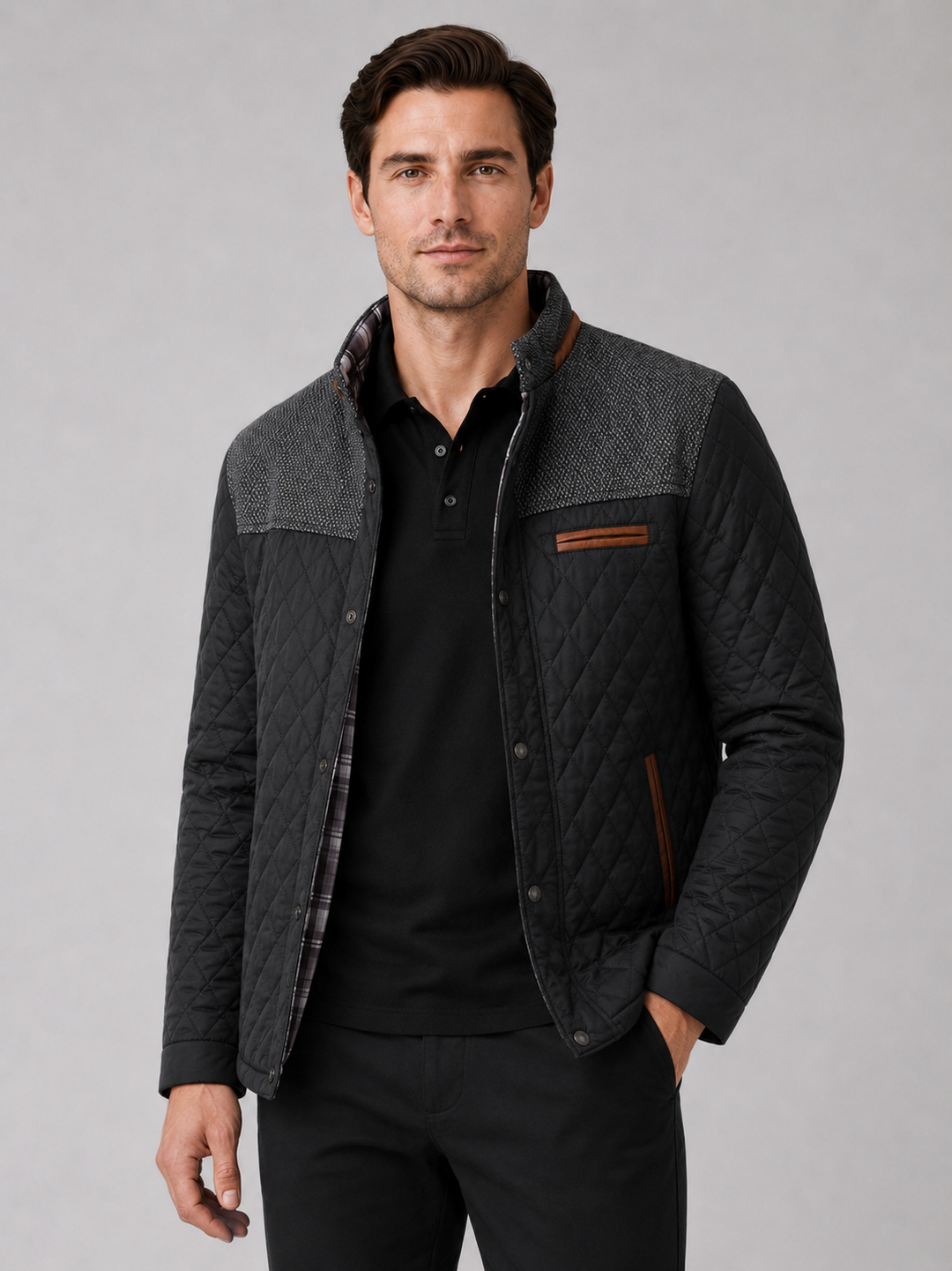 Men's Quilted Colorblock Jacket with Tweed Yoke and Snap-Button Front