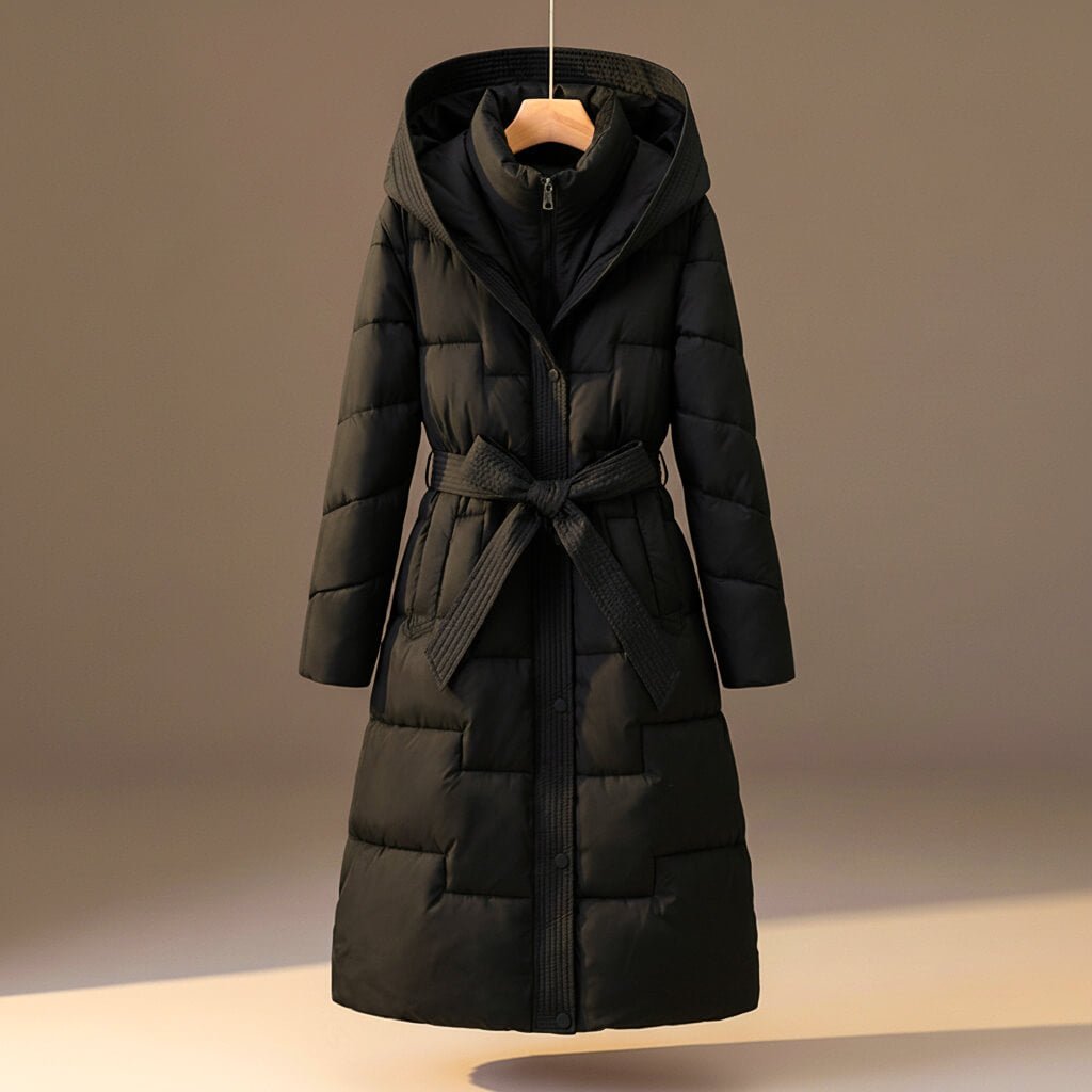 Anastasia Women's Quilted Hooded Long Puffer Coat with Belt
