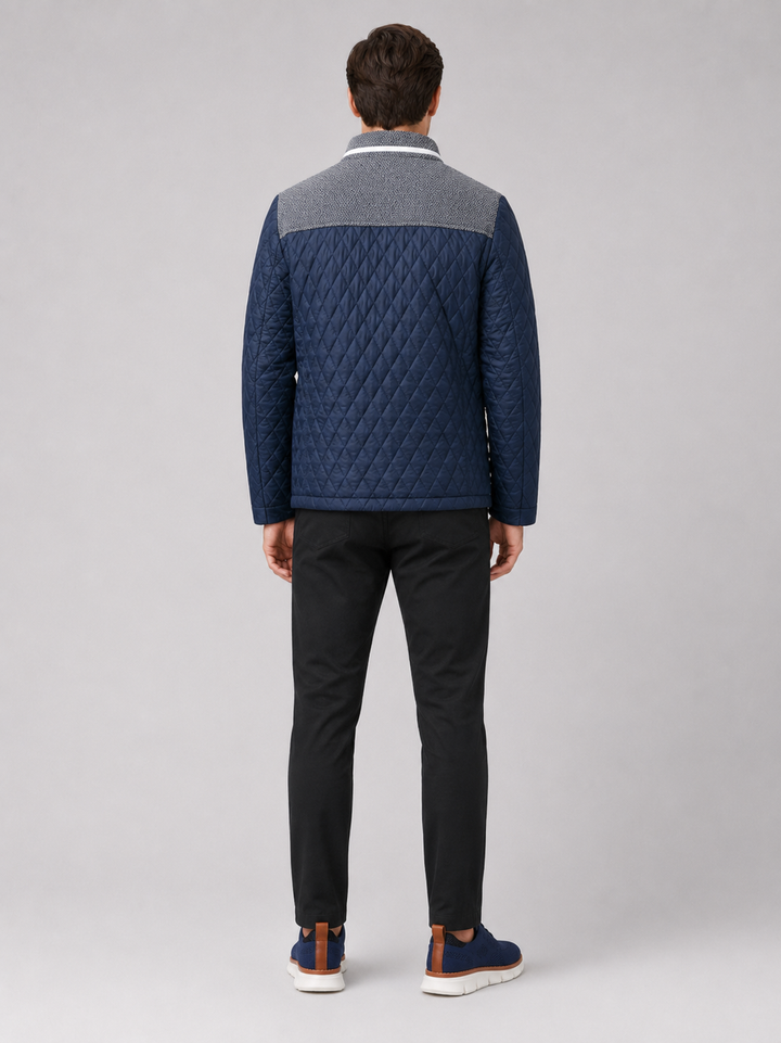 Men's Quilted Colorblock Jacket with Tweed Yoke and Snap-Button Front