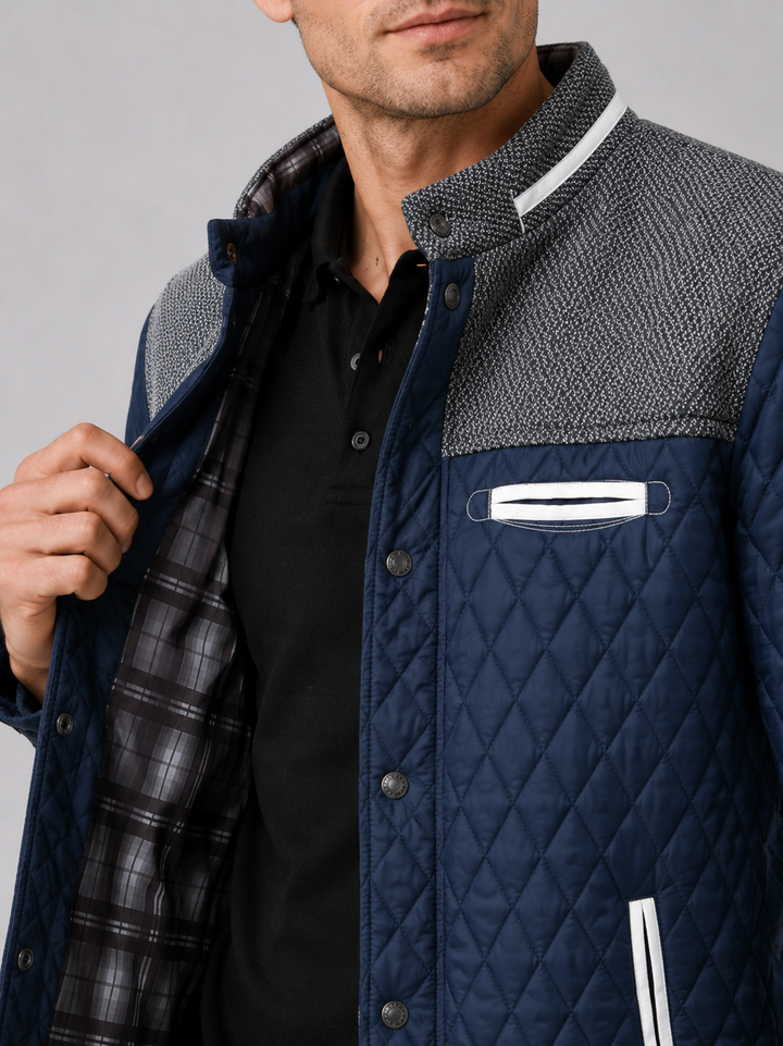 Men's Quilted Colorblock Jacket with Tweed Yoke and Snap-Button Front