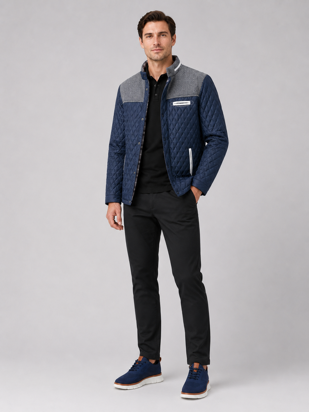 Men's Quilted Colorblock Jacket with Tweed Yoke and Snap-Button Front