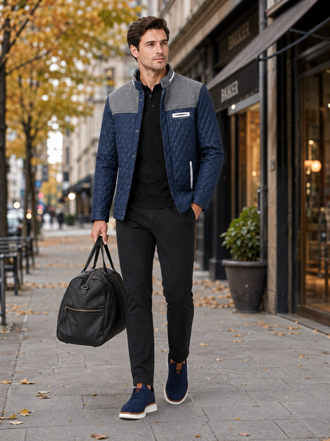 Men's Quilted Colorblock Jacket with Tweed Yoke and Snap-Button Front