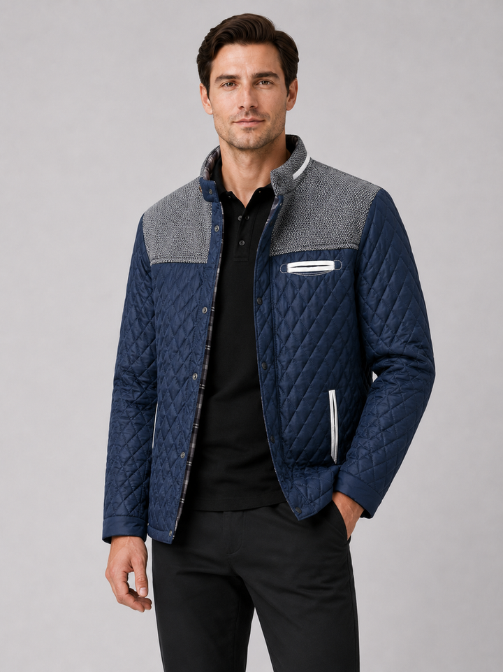 Men's Quilted Colorblock Jacket with Tweed Yoke and Snap-Button Front