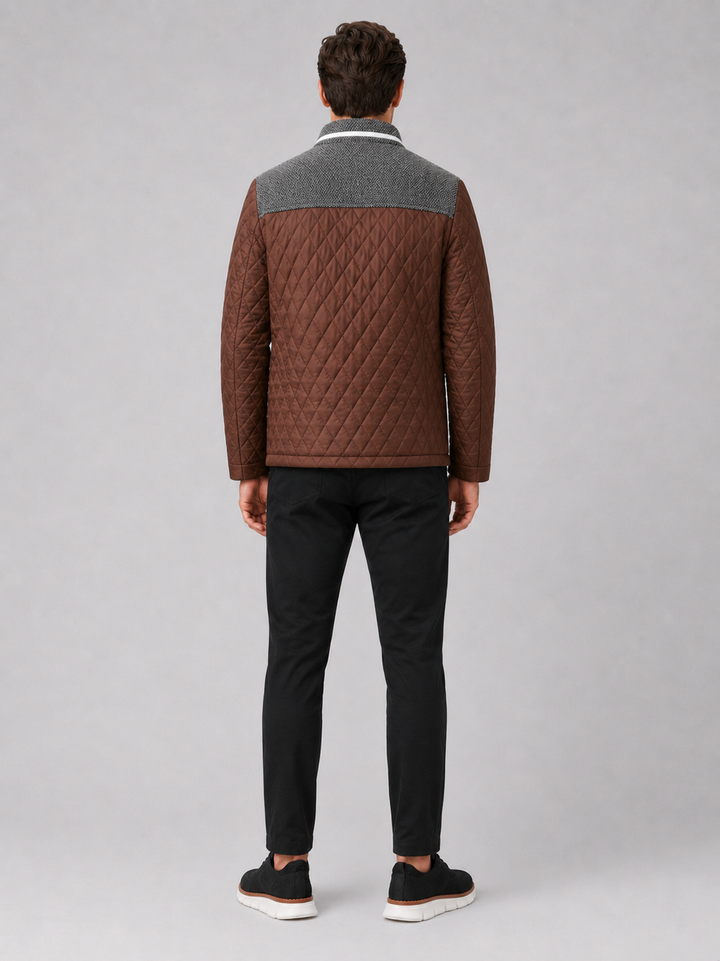 Men's Quilted Colorblock Jacket with Tweed Yoke and Snap-Button Front