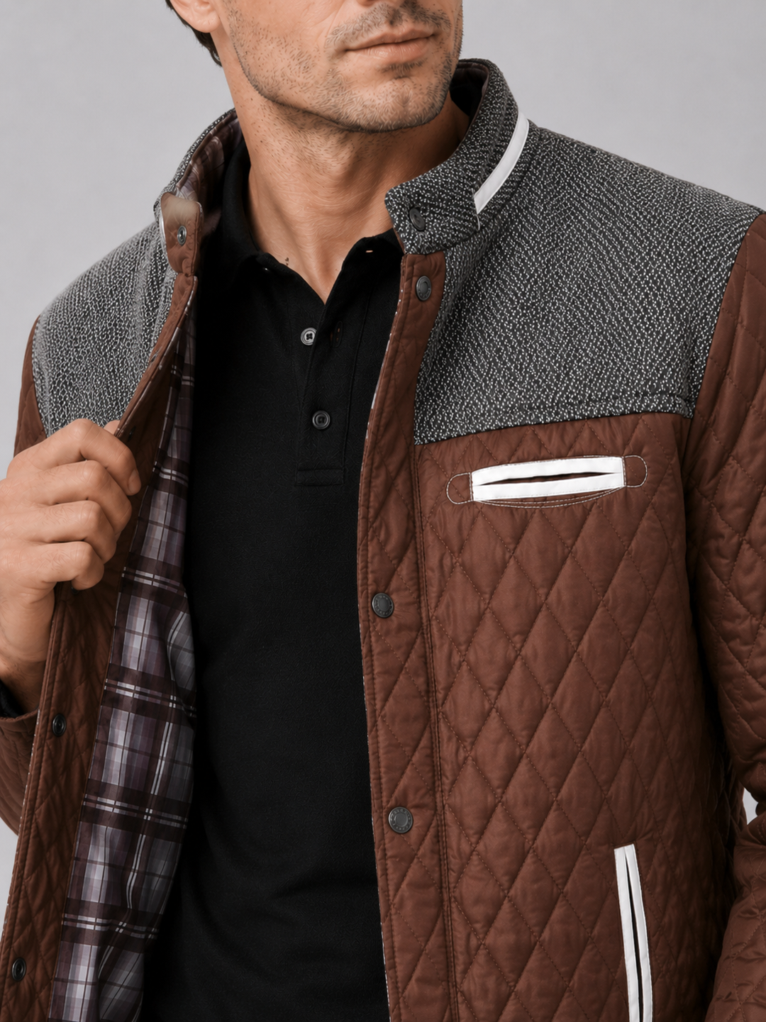 Men's Quilted Colorblock Jacket with Tweed Yoke and Snap-Button Front