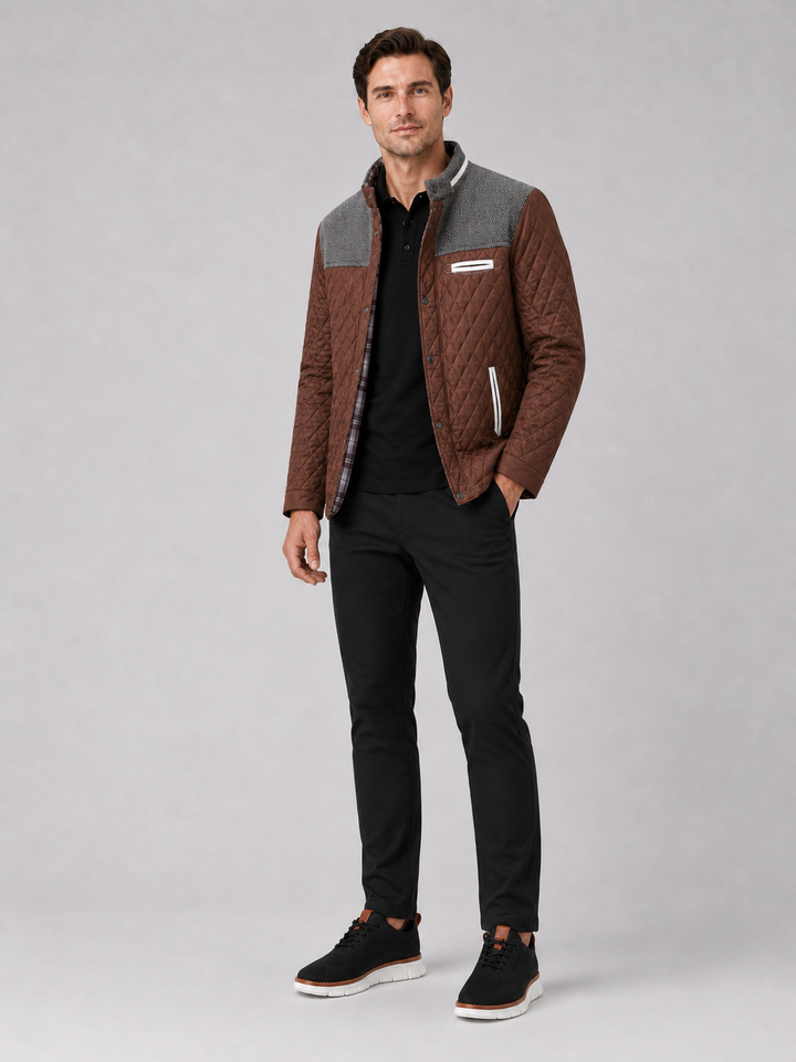 Men's Quilted Colorblock Jacket with Tweed Yoke and Snap-Button Front