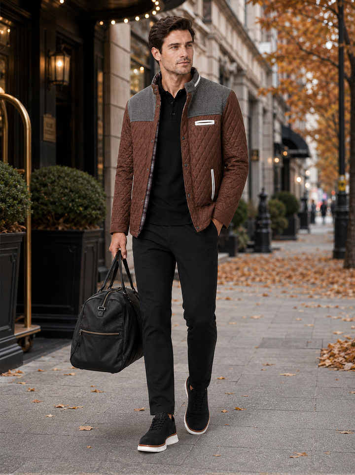 Men's Quilted Colorblock Jacket with Tweed Yoke and Snap-Button Front