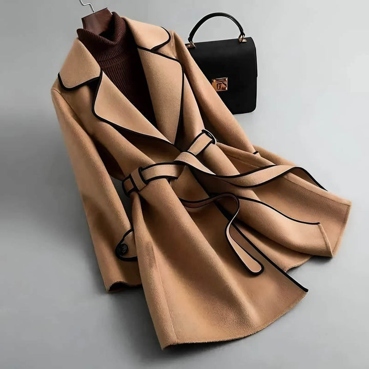 Women's Camel Wool Blend Belted Coat with Contrast Piping and Wide Lapel