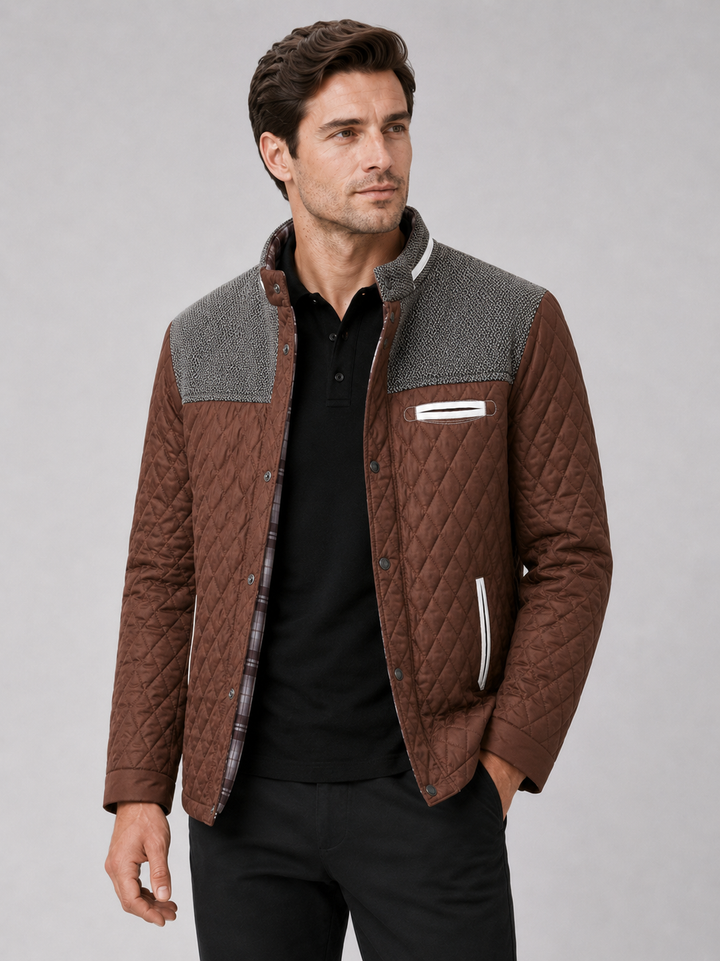 Men's Quilted Colorblock Jacket with Tweed Yoke and Snap-Button Front