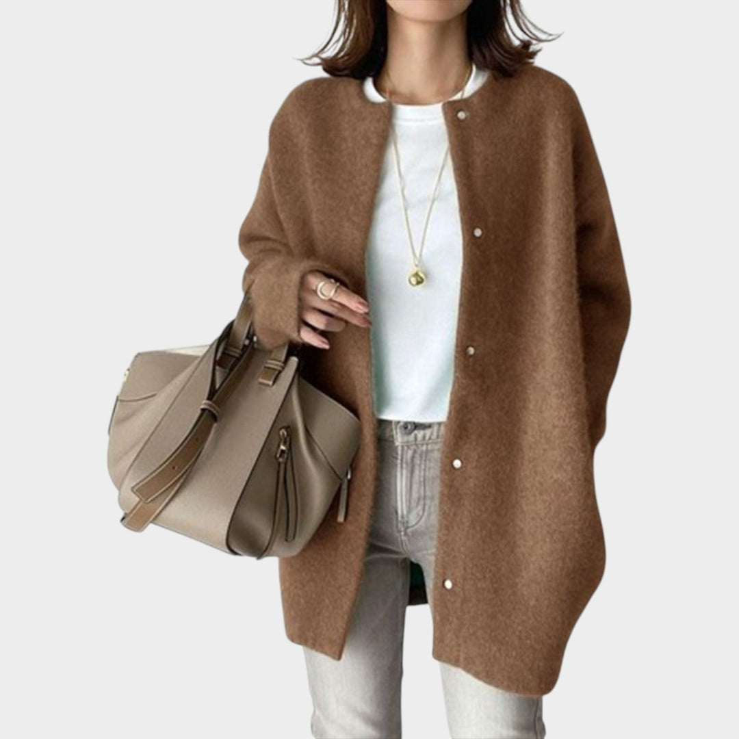 Women's Oversized Knit Cardigan with Button Front in Camel
