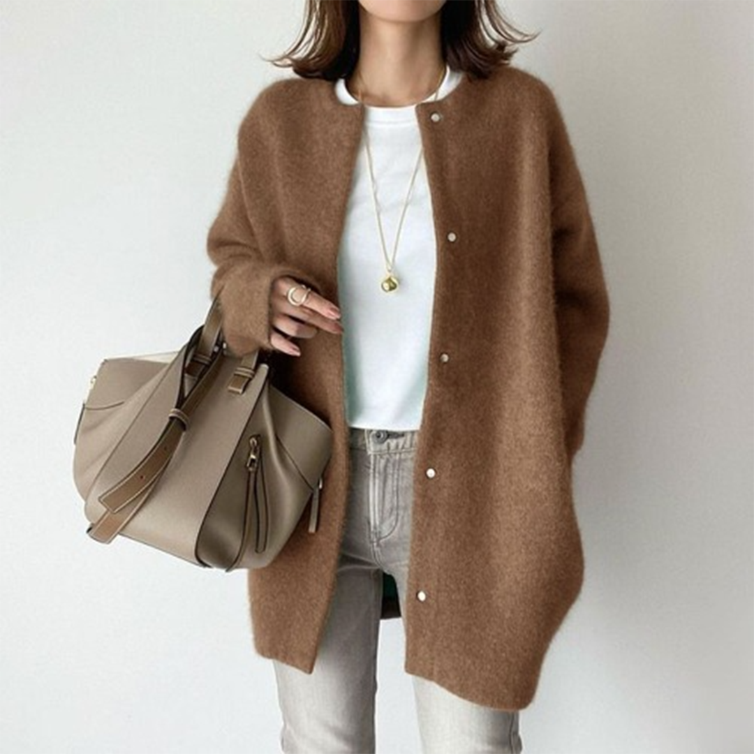 Women's Oversized Soft Knit Cardigan with Snap Buttons in Camel