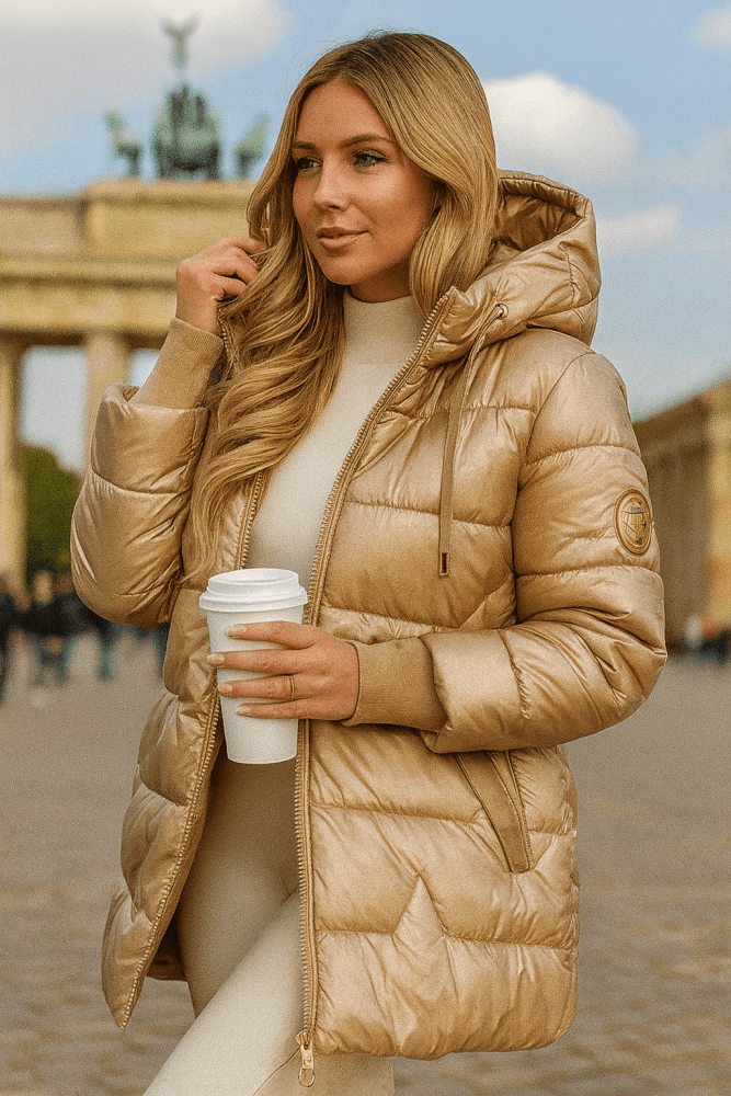 Women's Quilted Hooded Puffer Coat with Zip Front in Champagne Gold