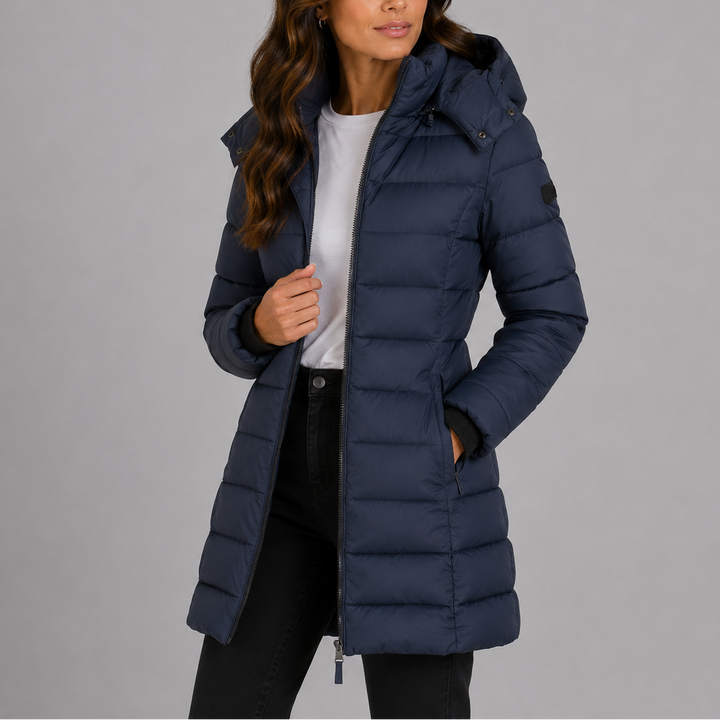 Women's Long Insulated Hooded Puffer Coat in Navy