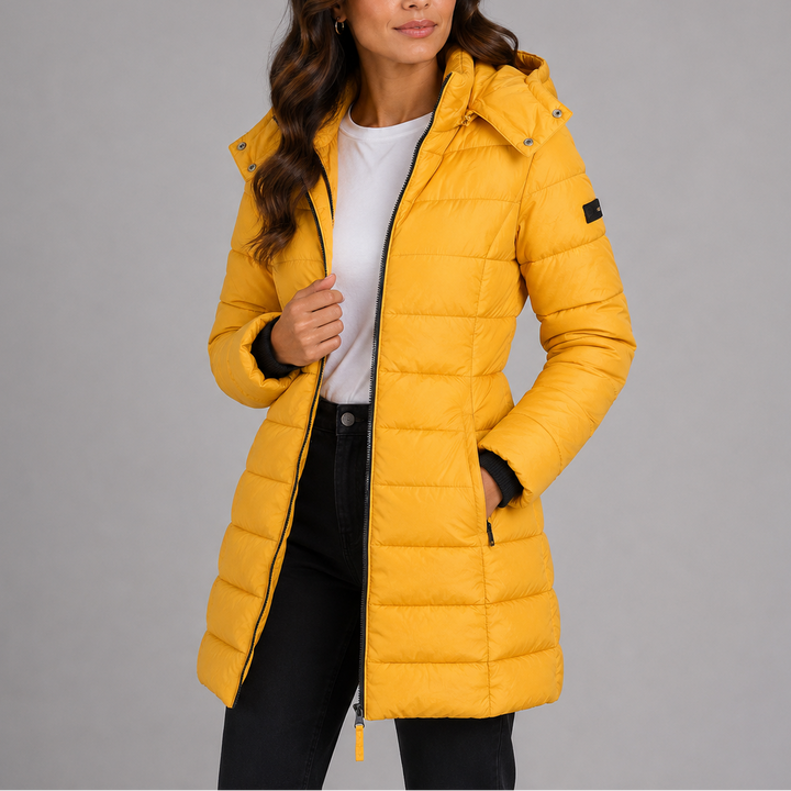 Women's Long Insulated Hooded Puffer Coat in Navy