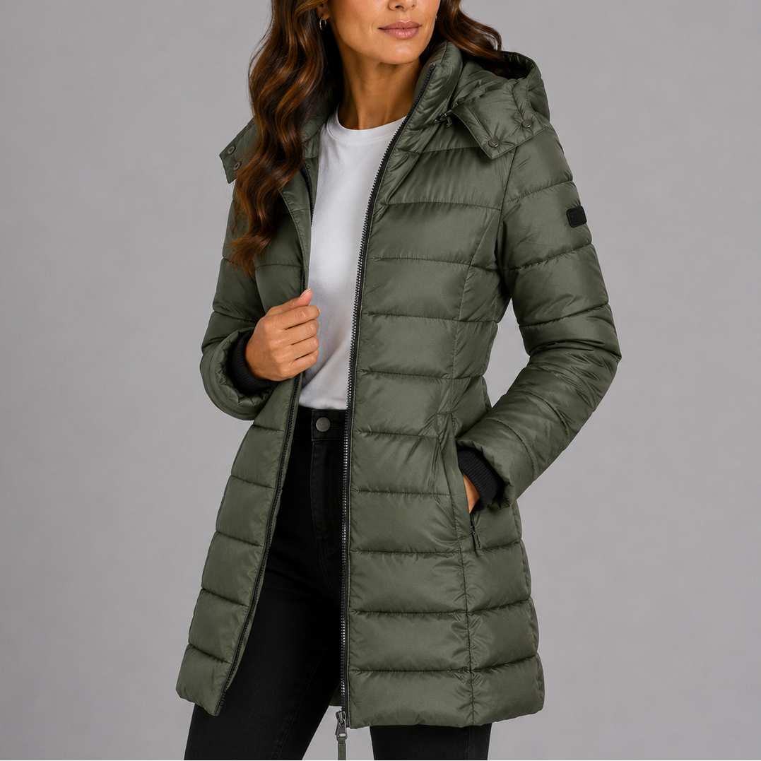 Women's Long Insulated Hooded Puffer Coat in Navy