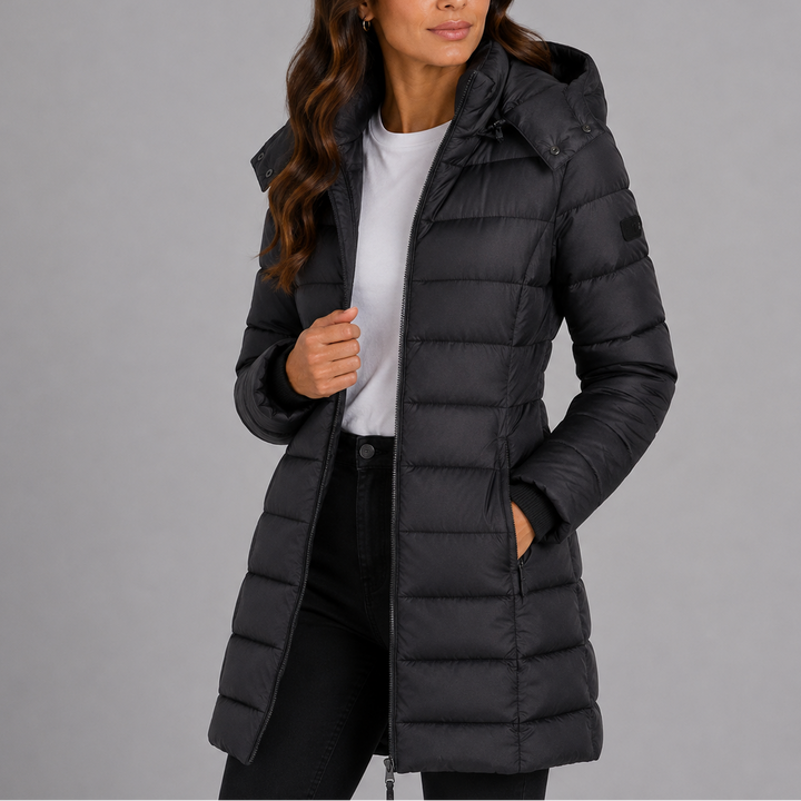 Women's Long Insulated Hooded Puffer Coat in Navy