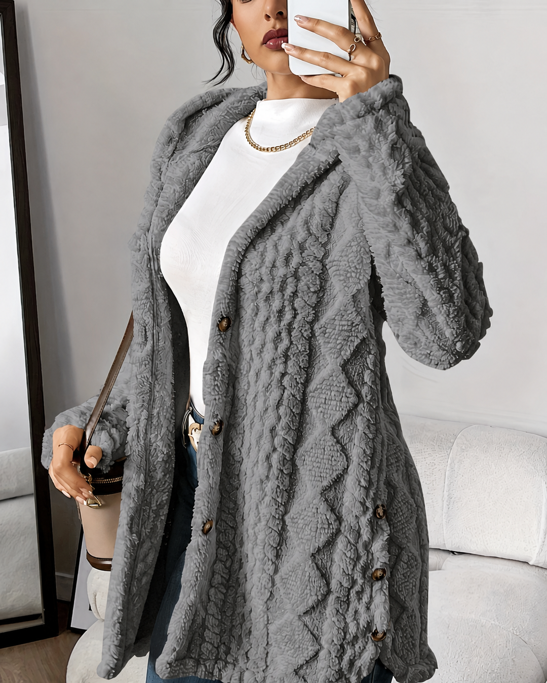 Plush Hooded Cardigan with Cable Texture and Button Front in Cream