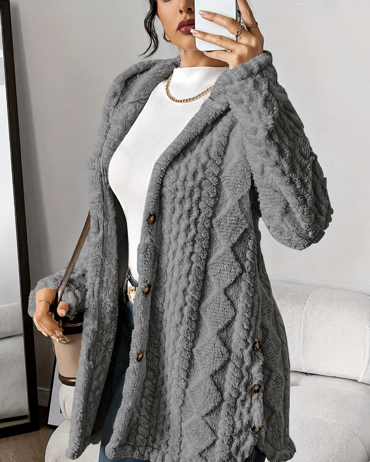 Plush Hooded Cardigan with Cable Texture and Button Front in Cream
