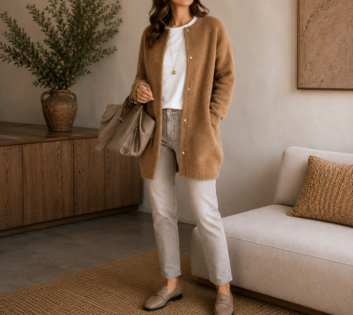 Siena Cashmere Cardigan in Camel - Relaxed Fit Button-Front Knit