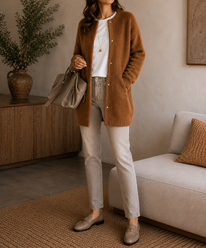 Siena Cashmere Cardigan in Camel - Relaxed Fit Button-Front Knit