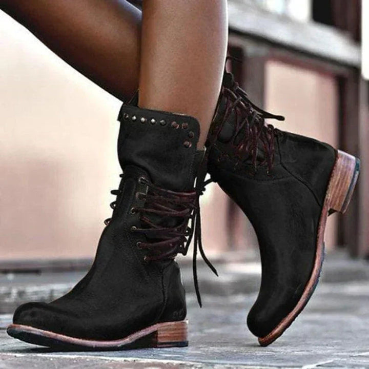Sienna Women's Lace-Up Mid-Calf Leather Boots with Stud Detail