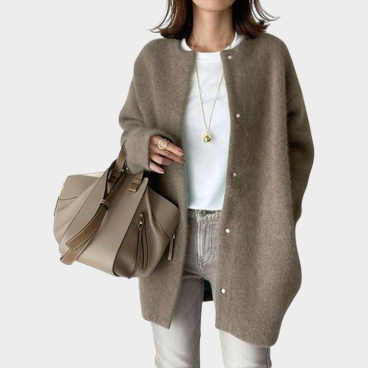 Women's Oversized Knit Cardigan with Button Front in Camel