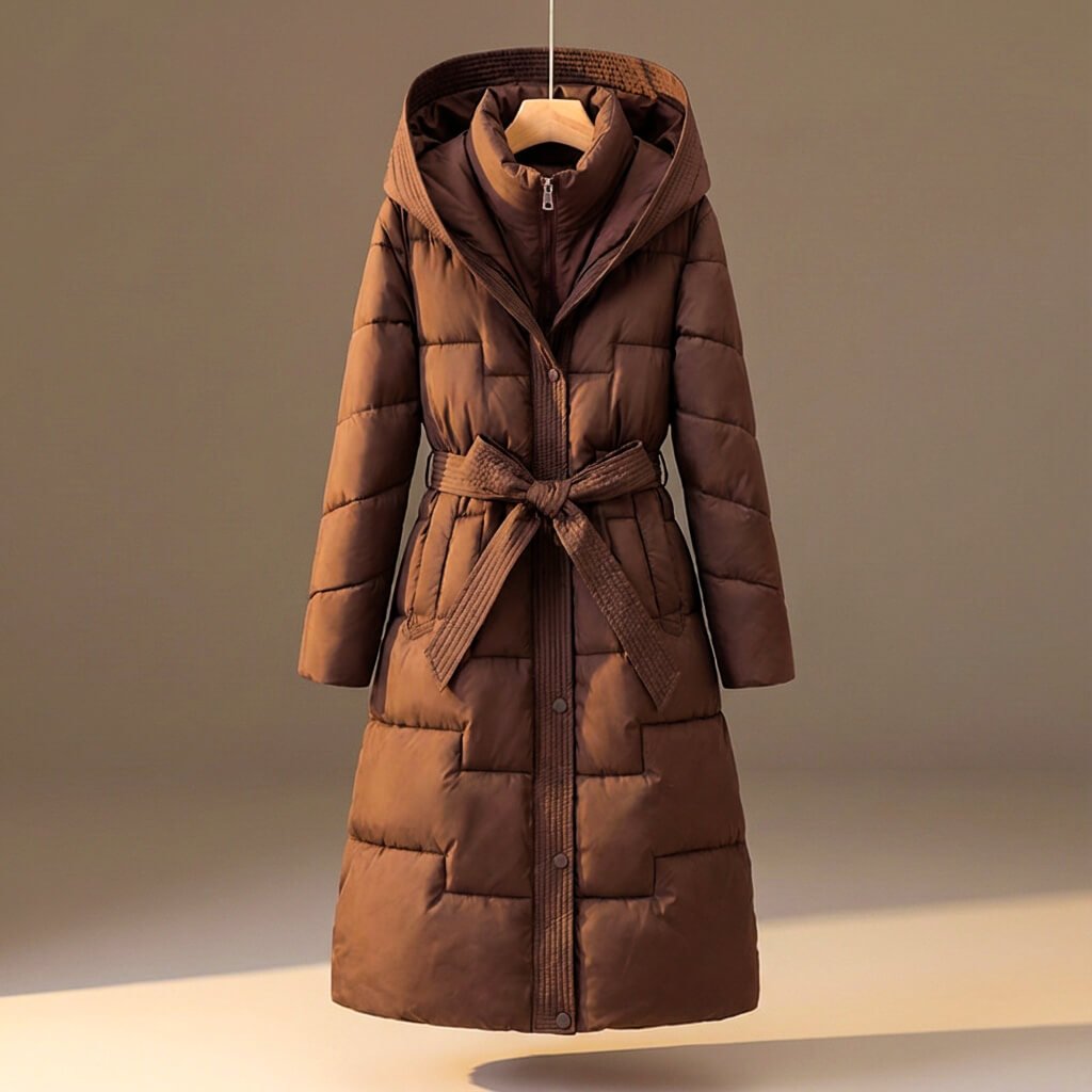 Anastasia Women's Quilted Hooded Long Puffer Coat with Belt