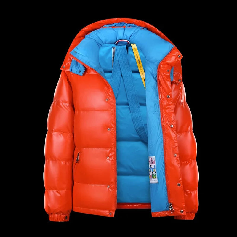 Men's Glossy Blue Hooded Puffer Jacket with Contrast Red Lining