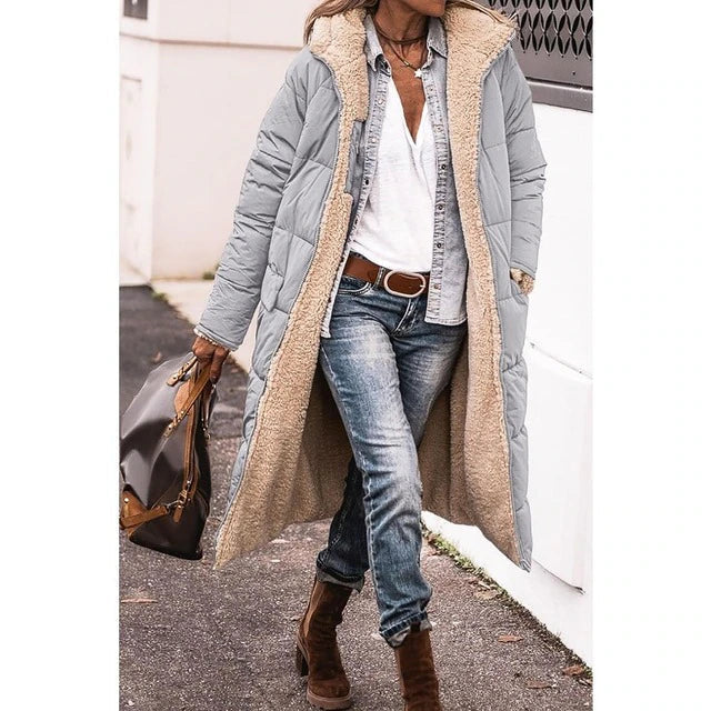 Women's Reversible Quilted Parka Coat with Sherpa Hood and Front Pockets