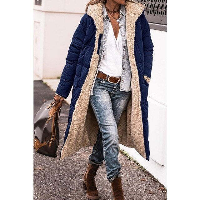 Women's Reversible Quilted Parka Coat with Sherpa Hood and Front Pockets