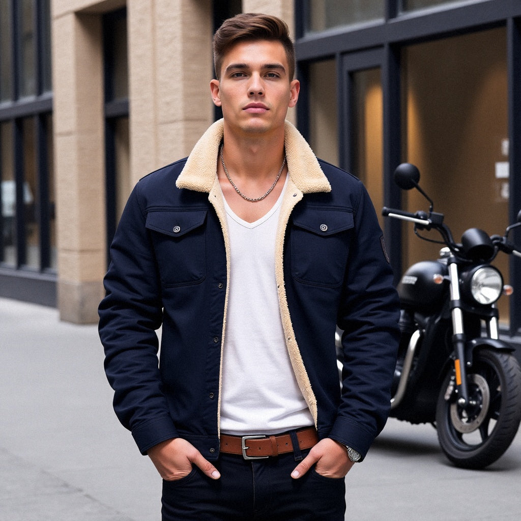 Men's Fleece-Lined Outdoor Utility Jacket with Chest Pockets