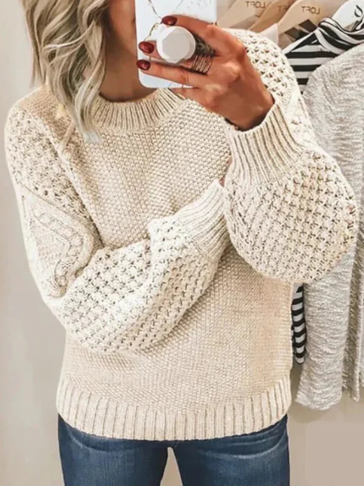 Women's Mixed Knit Crewneck Sweater with Textured Sleeves