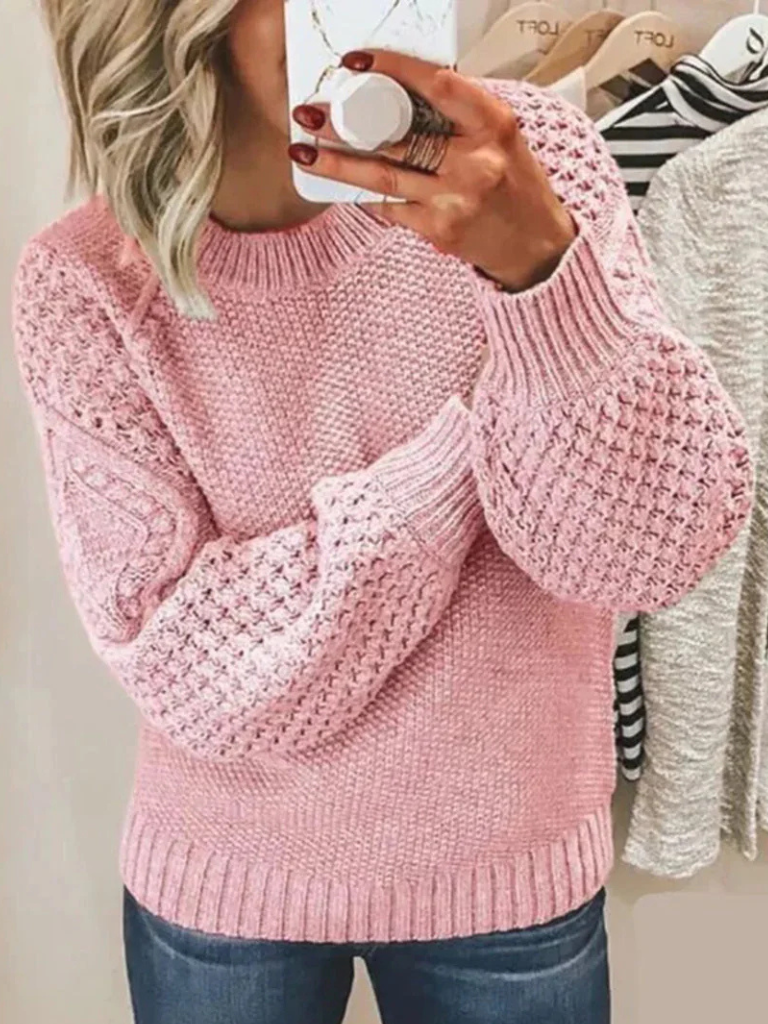 Women's Mixed Knit Crewneck Sweater with Textured Sleeves