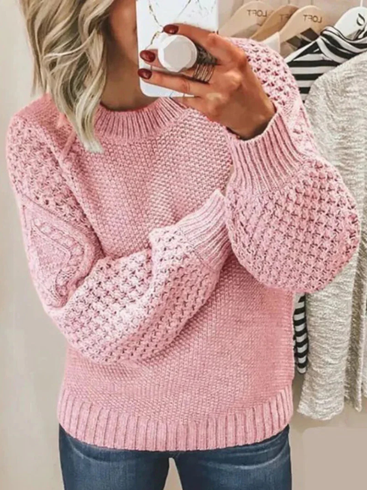 Women's Mixed Knit Crewneck Sweater with Textured Sleeves